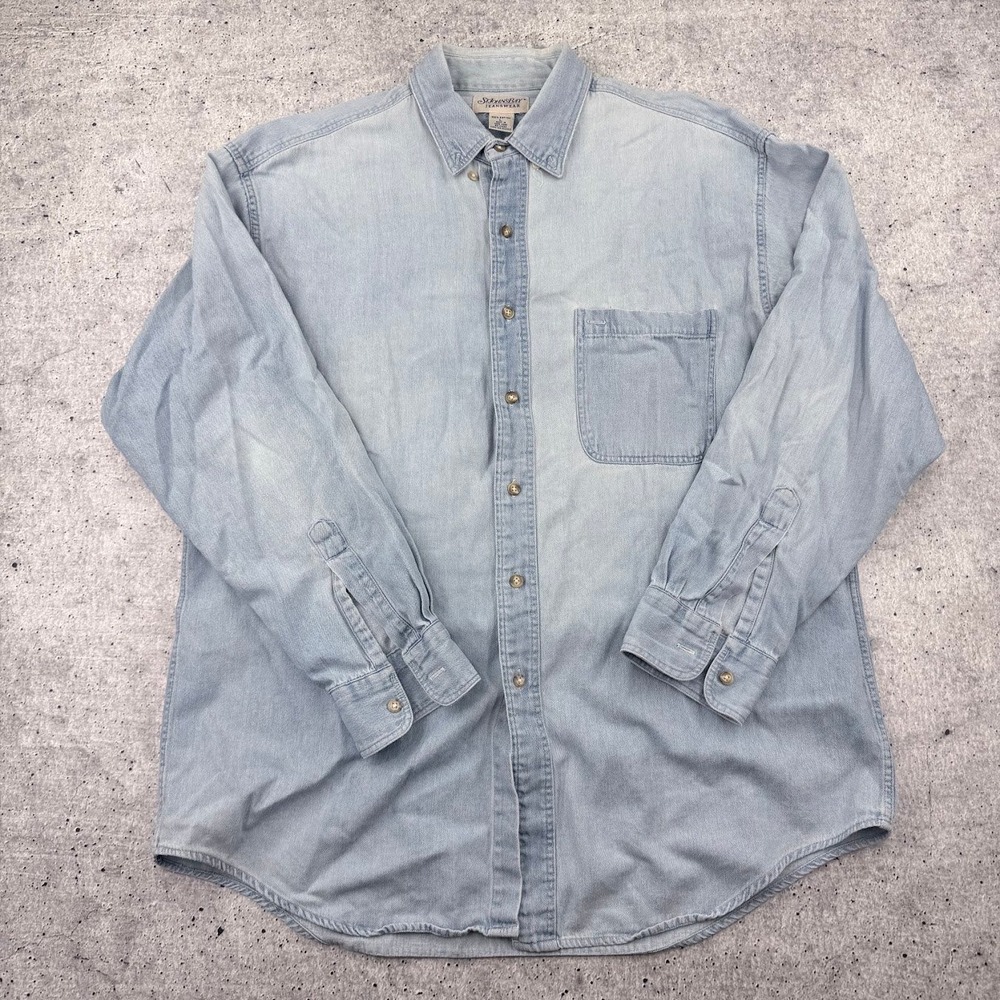 Vintage St Johns Bay Jeanswear Light Blue Denim Cotton Button Down Mens Large
